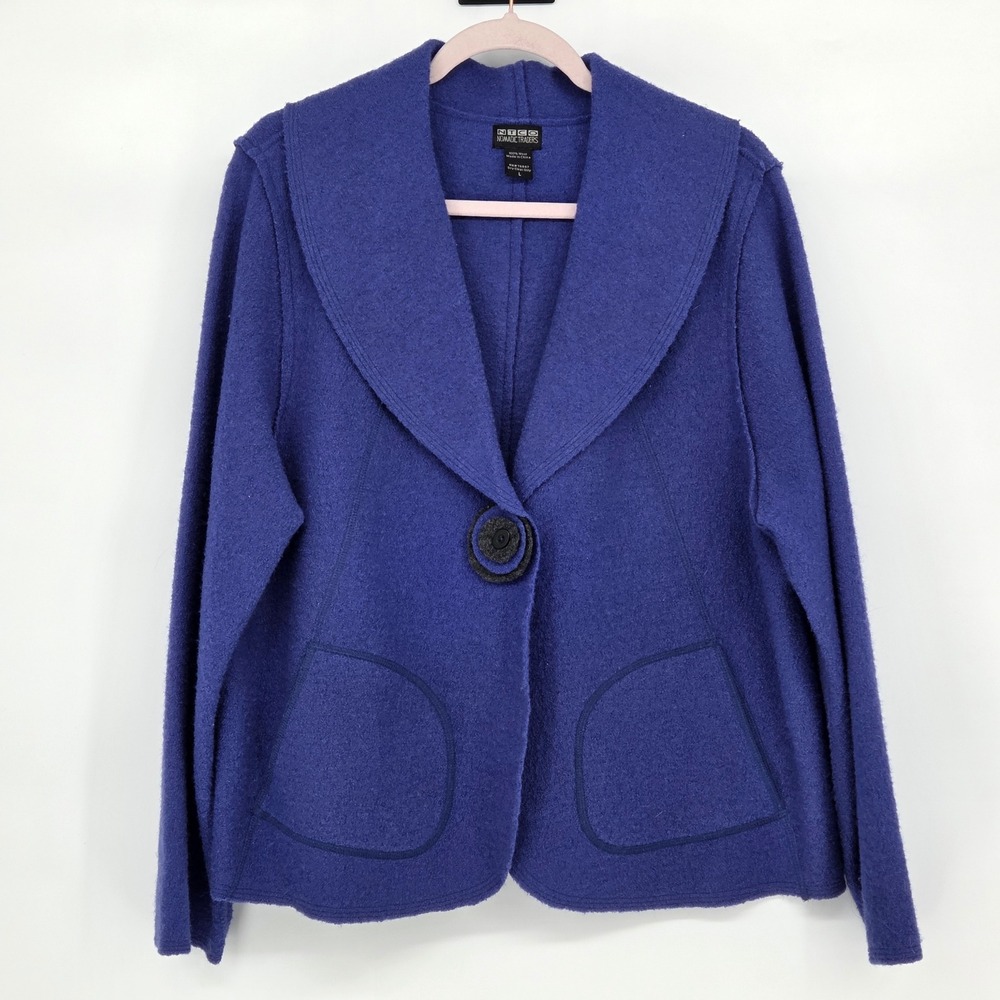 Nomadic Traders Women Large Boiled Wool Shawl Collar Jacket Blue Avant Garde